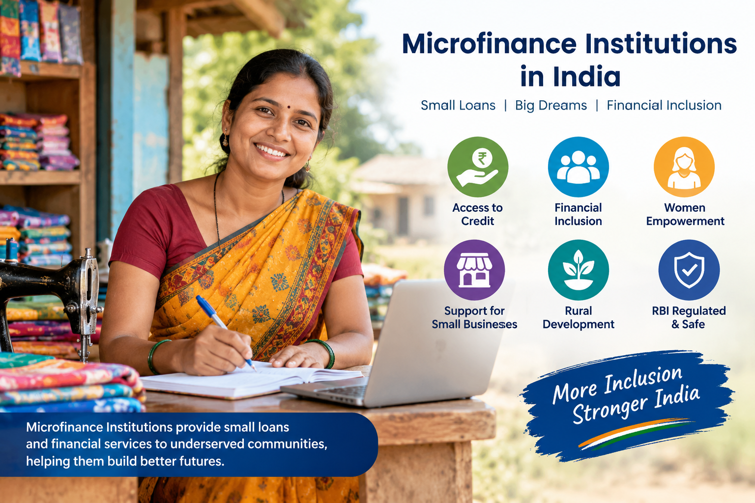 Microfinance institutions in India supporting financial inclusion, women entrepreneurs, small businesses, rural development, and access to small loans.